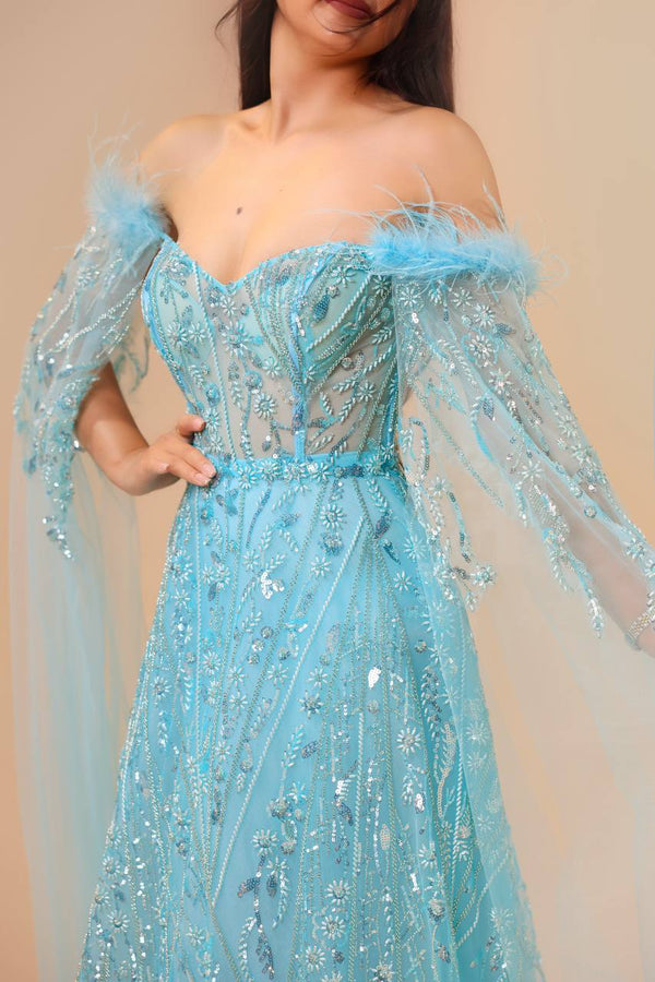 Royal Embellished Off-Shoulder Gown with Sheer Draped Sleeves – Faiz Couture